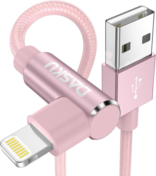 2 Pack 90 Degree Iphone Charger 10Ft Mfi Certified Lightning Cable Right Angle Long Nylon Briaded Cord Compatible with Apple Iphone 14 13 12 11 Pro Max XS XR X 8 7 6 5 plus Ipad (Pink)
