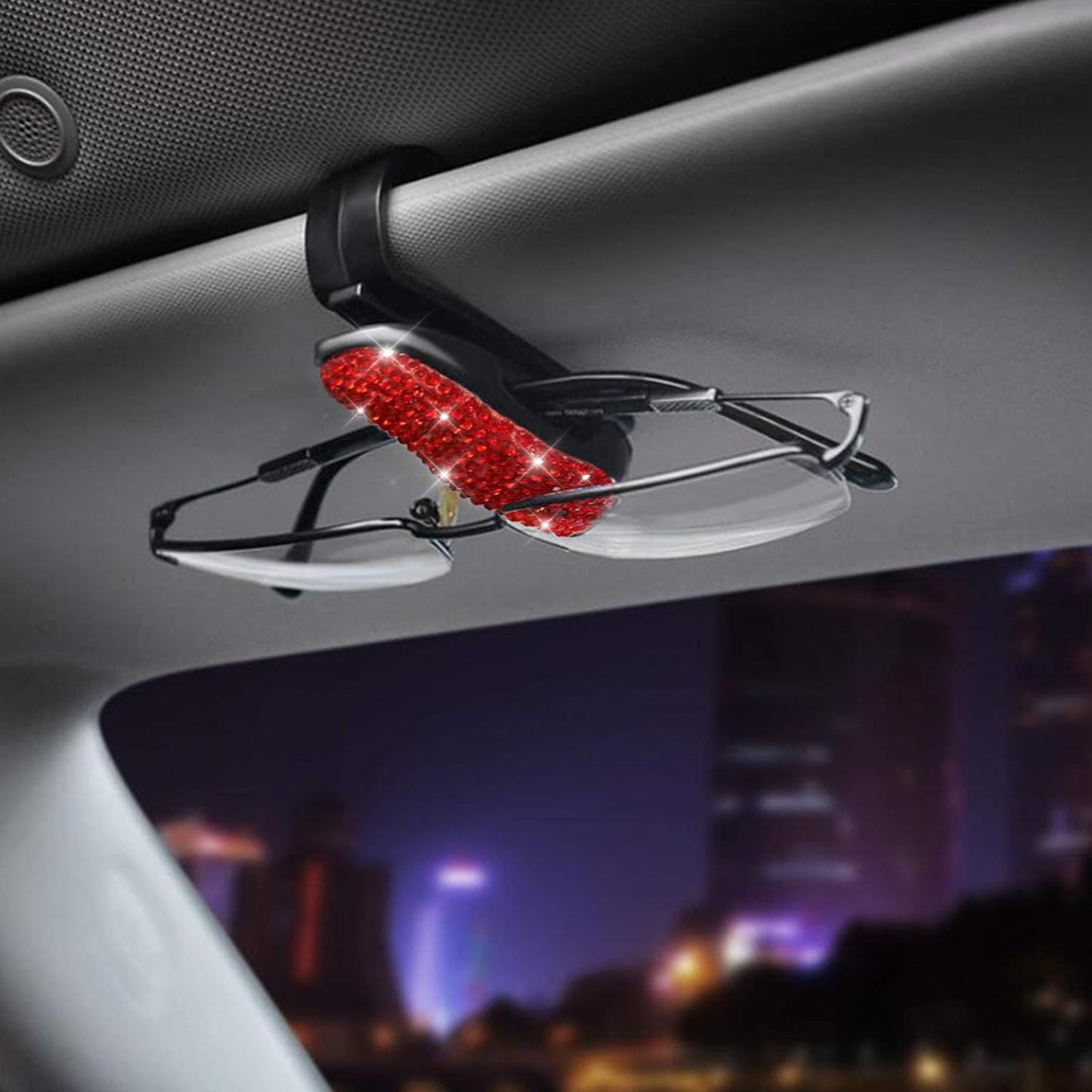 Bling Crystal Car Phone Mount with Free Glasses Holders for Car Sun Visor,Universal Cell Phone Holder for Dashboard,Windshield and Air Vent,Bling Car Accessories for Women(Red)