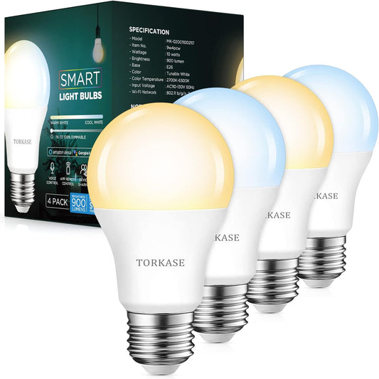 Smart Light Bulbs Work with Alexa and Google Home -No Hub Required, Wifi LED Bulb 2700K Warm White to 6500K Daylight Dimmable, 10W Wifi Light Bulb, APP Remote Control, 2.4Ghz Only, 4 Pack