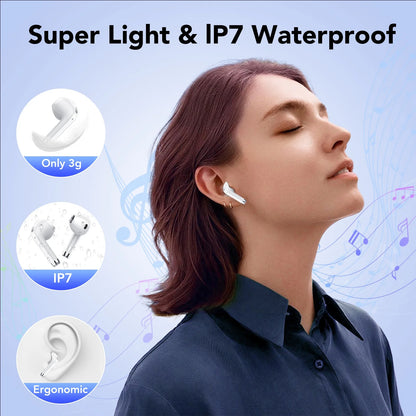 Wireless Earbuds Bluetooth Headphone 60H Deep Bass Loud Sound with 4 Mic Clear Call Ear Buds Noise Cancelling IP7 In-Ear Headphones with Wireless Charging Case Compatible for Iphone Android, White
