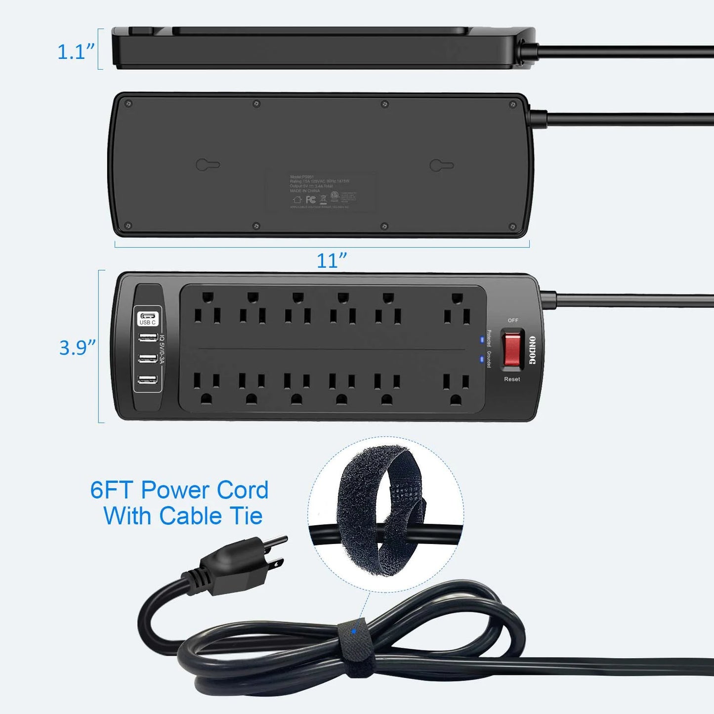 Surge Protector with 12 Outlets and 4 USB Ports, 6 Ft Extension Cord (1875W/15A), 2700J Power Strip, Black