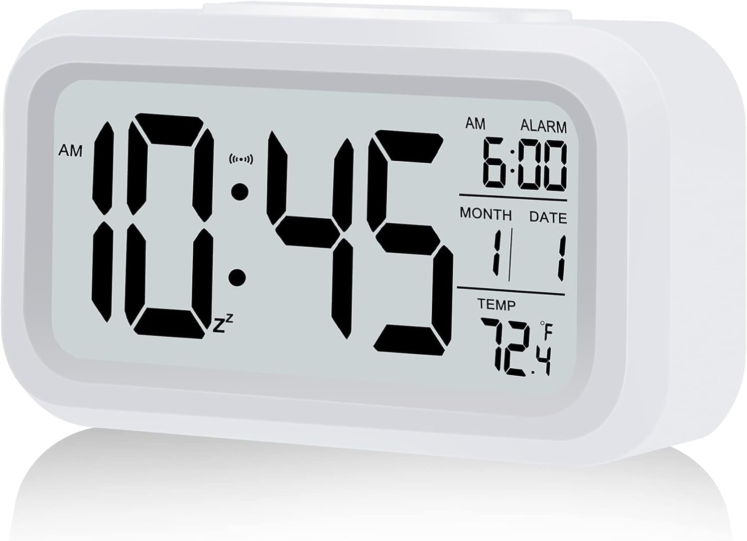 Digital Alarm Clock, Battery Operated, with Smart Night Light, 4.3-Inch LCD Display, 12/24-Hour Format, Indoor Temperature, White