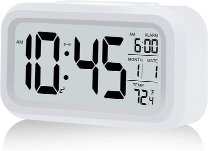 Digital Alarm Clock, Battery Operated, with Smart Night Light, 4.3-Inch LCD Display, 12/24-Hour Format, Indoor Temperature, White