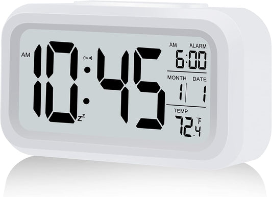 Digital Alarm Clock, Battery Operated, with Smart Night Light, 4.3-Inch LCD Display, 12/24-Hour Format, Indoor Temperature, White