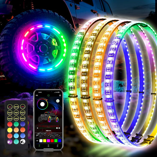 4PCS 15.5 Inch Dancing Color and Pure White LED Wheel Ring Light with Turn Signal and Braking Function, Can Controlled by Remote and APP, Single Row Rim Lights for Truck, Vehical, Offroad