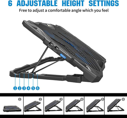 Laptop Cooling Pad, Portable Laptop Stand with 6 Angle Adjustable & 5 Quiet Blue LED Fans for 12-17.3 Inch Gaming Laptop, Laptop Cooler Built-In Dual USB Ports Support Mouse, Keyboard Device