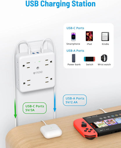 Multi Plug Outlet Extender Surge Protector, 8 AC Outlet Splitter, 3 USB and 1 Type C , On/Off Switch, 1440J White