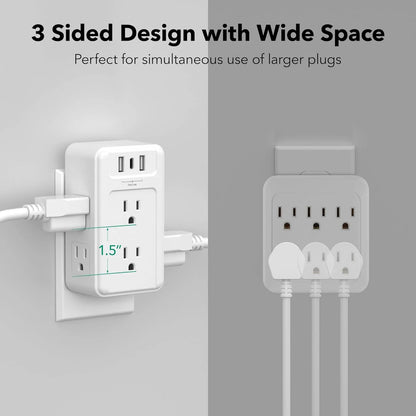 Multi Plug Outlet Extender, 6 Wall Outlets and 3 USB Ports (1 USB C), Multi Outlet Splitter Power Strip, USB Wall Power Strip Plug Adapter for Home, Office, Travel, 5V, 3.4A