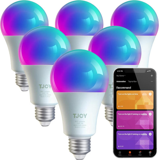 6 Pack Smart LED Light Bulbs, Tuya APP, Wifi Bulbs Work with Alexa&Google Home, RGB Color Changing Light Bulb, Music Sync, A19 E26 Base, 9W(60W Equivalent),800Lm, 2700-6500K(2.4Ghz Only)