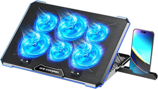 Laptop Cooling Pad with 6 Cooling Fan, Laptop Cooler Fan with No Lights, Cooling Pad for Laptop 15-17 Inches, Notebook Cooler Stand with 9 Height Adjustable, Cooler Pad for Lap or Desk Use