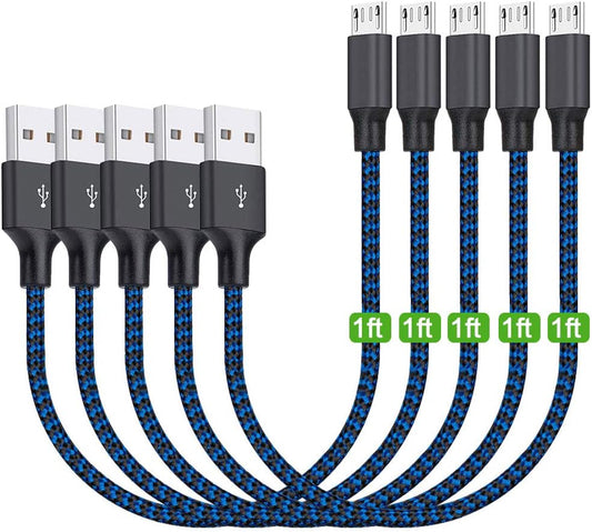 Micro USB Cable 1Ft 5 Pack, Short Android Charger Cable Braided Fast Charging Phone Charger Cord Compatible with Galaxy S7 S6 Edge, Kindle, Note 5, Windows Smartphones and More - Blue