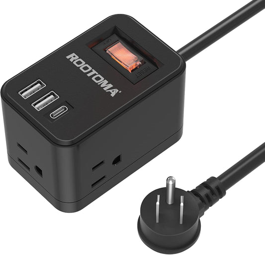 Power Strip with USB C, Power Strip Flat Plug Extension Cord 6 Feet, USB C Charging Station, 3 Outlets 2 USB Ports (15.5W/3.1A), Non Surge Protector for Travel, Cruise Ship 02-Black