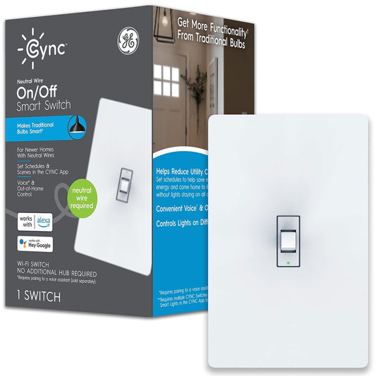 GE  Smart Light Switch, Toggle Style, Neutral Wire Required, Bluetooth and 2.4 Ghz 4-Wire Wi-Fi Switch, Works with Alexa and Google (1 Pack)