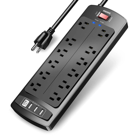 Surge Protector with 12 Outlets and 4 USB Ports, 6 Ft Extension Cord (1875W/15A), 2700J Power Strip, Black