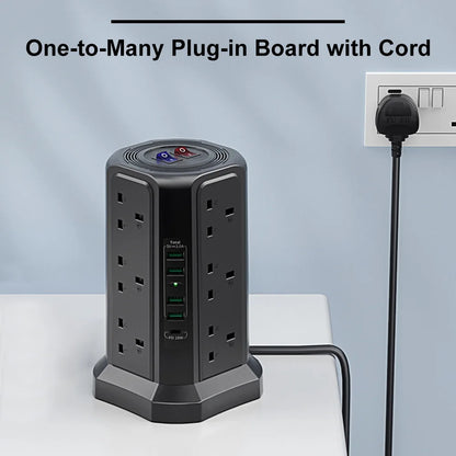 13A 3250W Tower Power Strip PD18W Fast Charging USB Slots Multi Plug Socket Power Strip 5 USB Ports and 12 Way Tower Power Strip