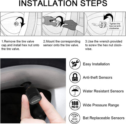 TPMS, Wireless Tire Pressure Monitoring System for RV, Trailer, Coach, Motor Home, Fifth Wheel, with 4 Anti-Theft Sensors