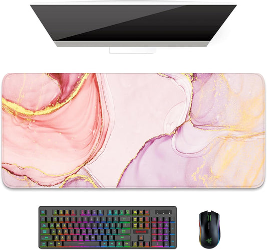 Desk Pad, XL Extended Large Gaming Mouse Pad 31.5 X 11.8 Inch, Waterproof Mousepad with Stitched Edge, Non-Slip Computer Keyboard Laptop Mat for Women Men Office Work, Pink Marble Design
