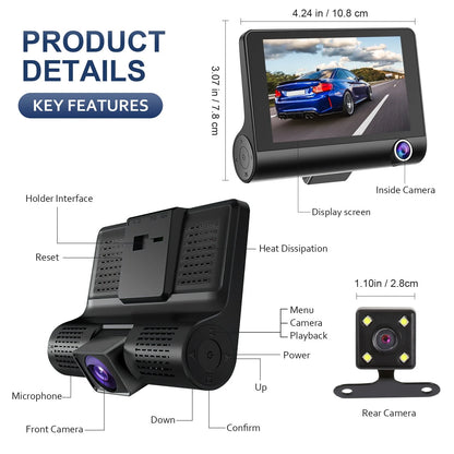 Dash Cam Front and Rear Dash Cam 4 Inch Dashboard Full HD 170° Wide Angle Backup with Night Vision G-Sensor Parking Monitor Loop Recording Motion Detection