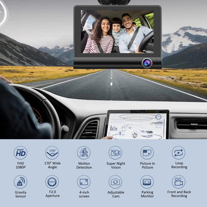 Dash Cam Front and Rear Dash Cam 4 Inch Dashboard Full HD 170° Wide Angle Backup with Night Vision G-Sensor Parking Monitor Loop Recording Motion Detection