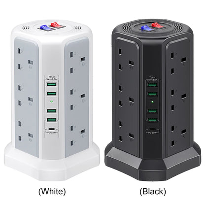 13A 3250W Tower Power Strip PD18W Fast Charging USB Slots Multi Plug Socket Power Strip 5 USB Ports and 12 Way Tower Power Strip
