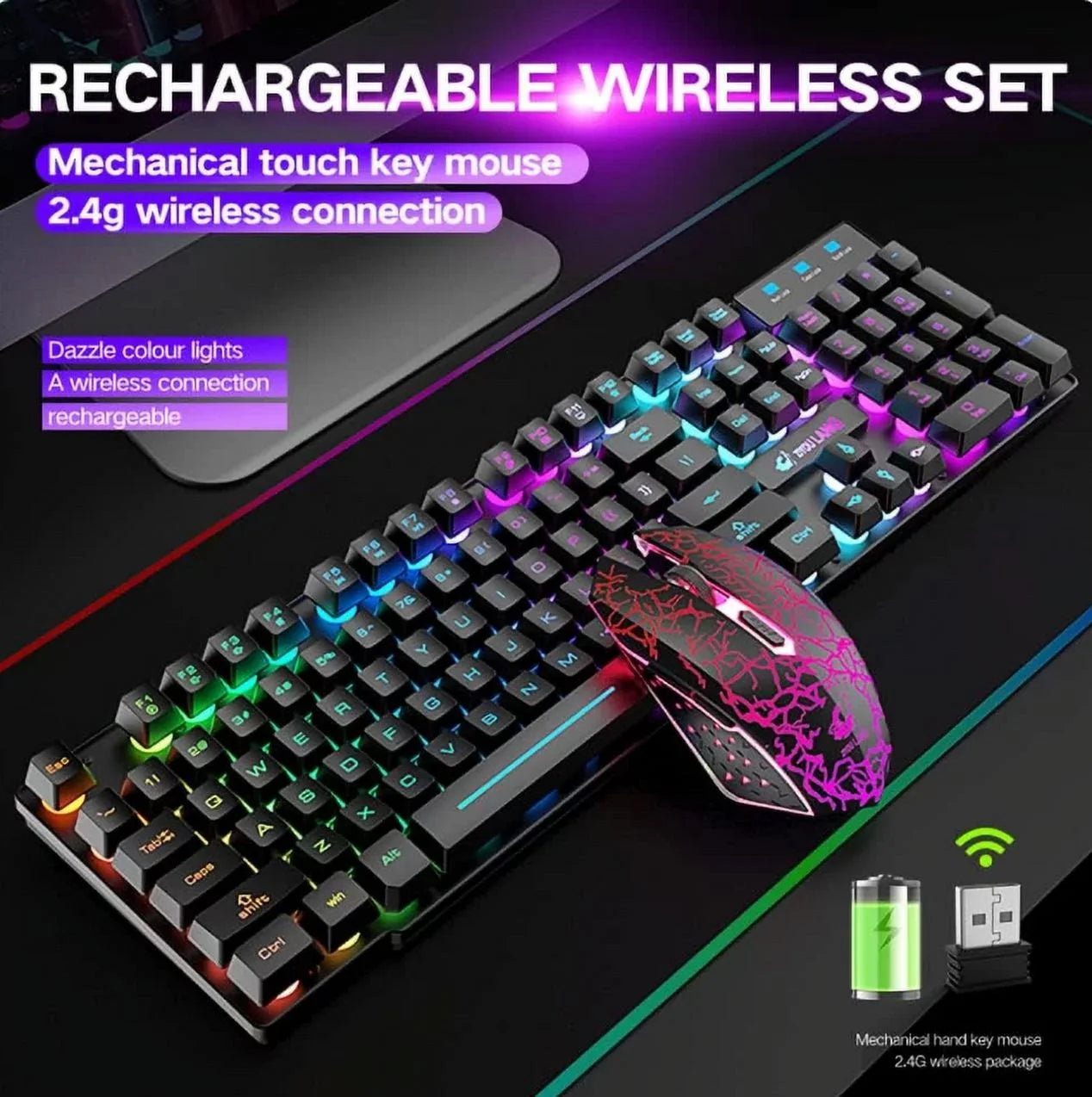 Wireless Gaming Keyboard and Mouse Combo with Mouse Pad, Rainbow LED Backlit Rechargeable Battery Mechanical Ergonomic Feel Dustproof 7 Color Backlit Mute Mice for Computer for Mac for PC Gamer